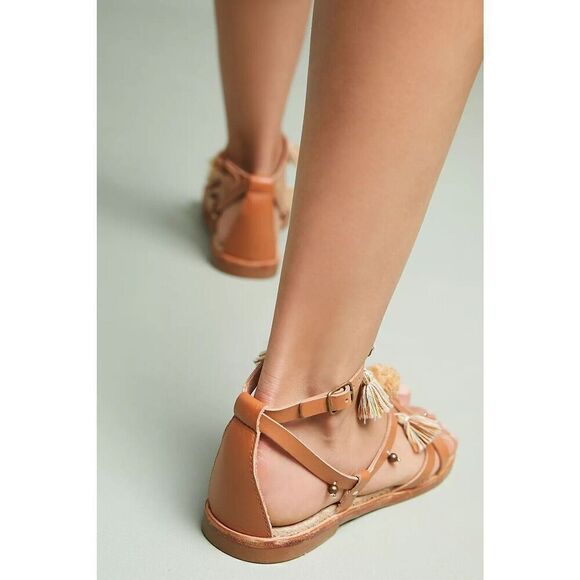 SOLUDOS X ANTHROPOLOGIE Sz 7 BROWN LEATHER STRAPPY TASSELED SANDAL SIZE - Picture 3 of 4